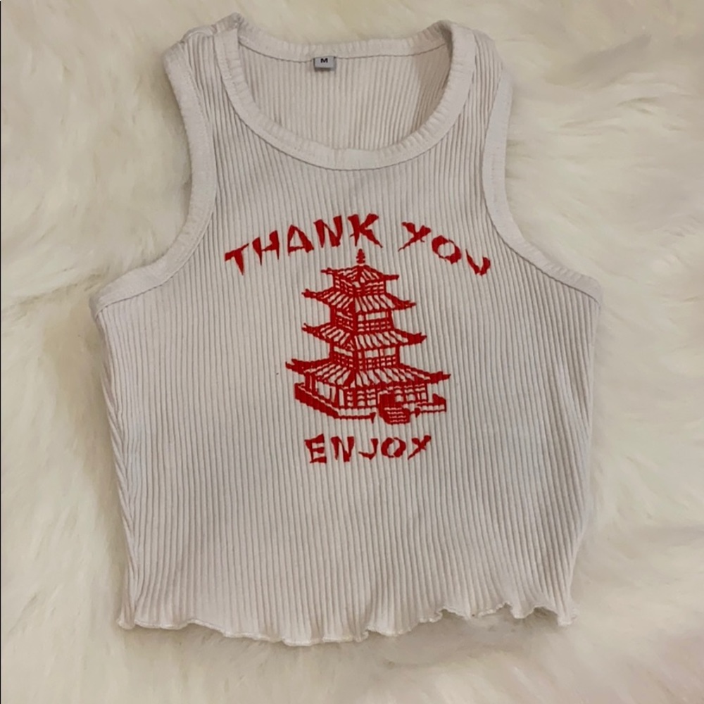 Chinese take out thank you enjoy crop top